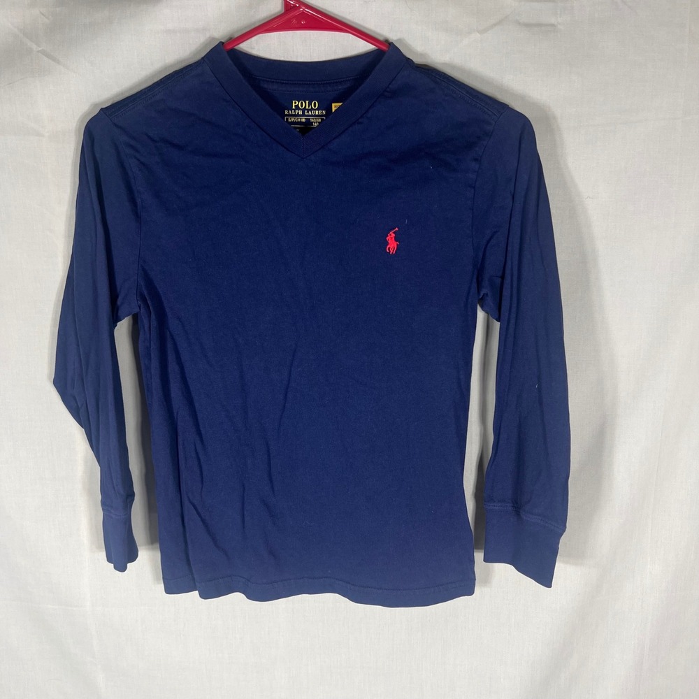Polo Ralph Lauren V-Neck Long Sleeve Tee Navy Blue Boys Size S 8